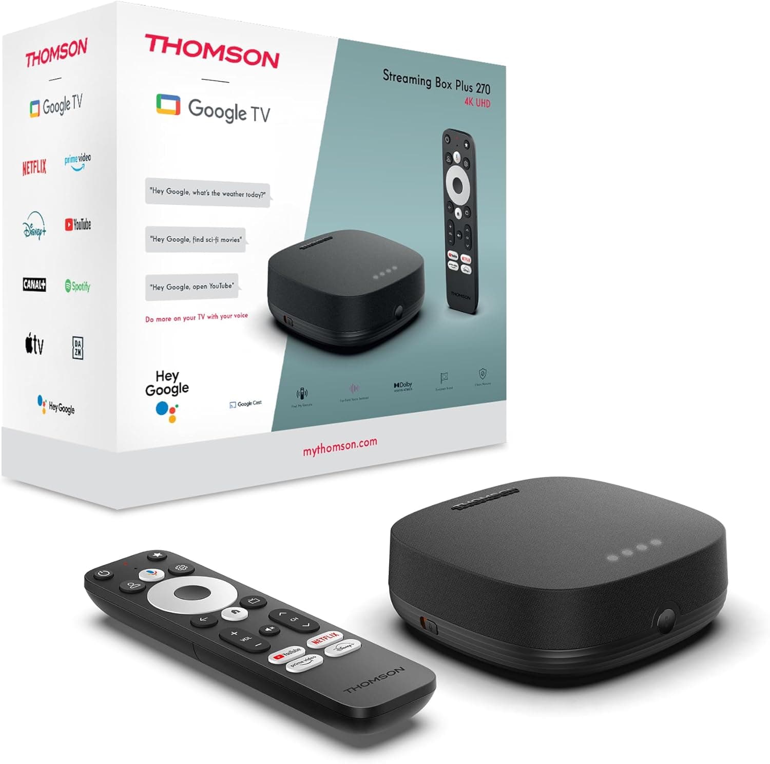 THOMSON Google TV Streaming Box Plus 270 | Leitor de conteúdos multimédia 4K UHD com coluna integrada e 32 GB de memória
