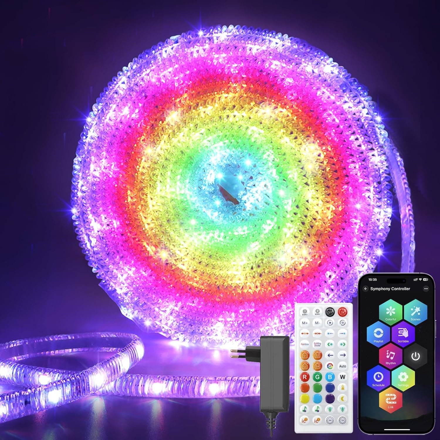ZAIYW Cristalinas 10 m inteligente faixa LED RGB com chip, luzes LED DIY com controlo remoto e APP, sincronização com música, mudança de cor, impermeável para festas e decoração de quartos