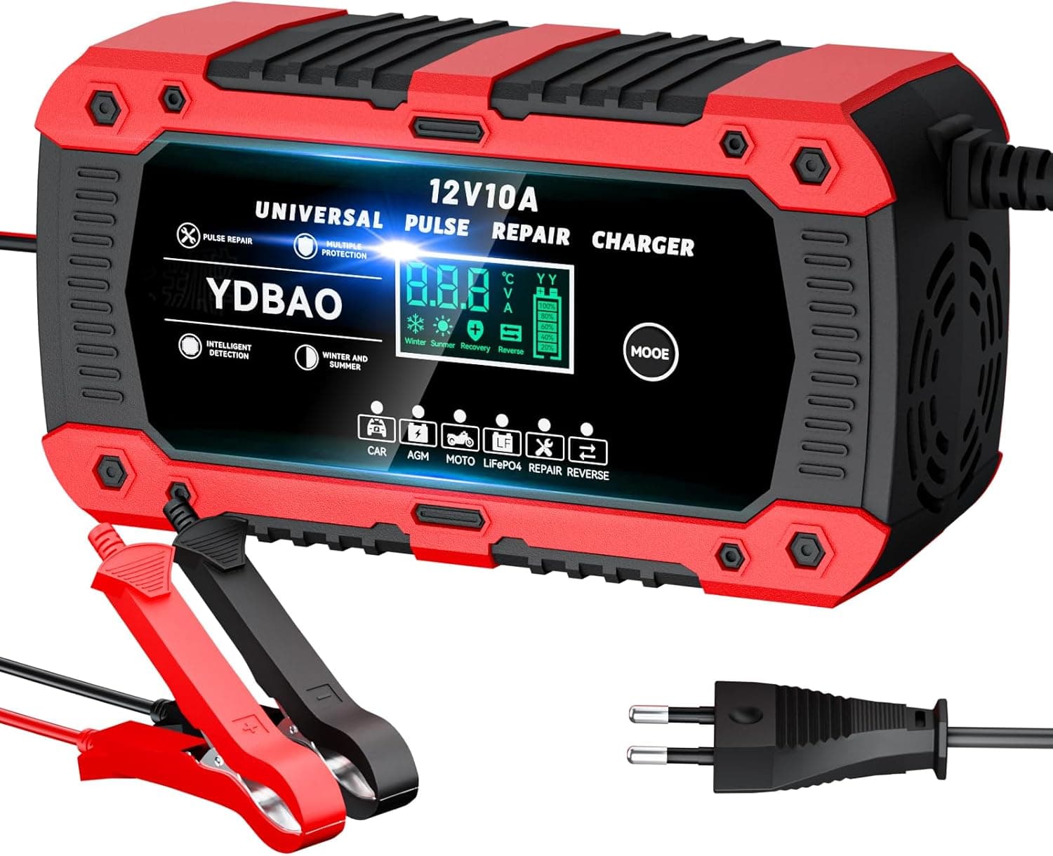 YDBAO | Carregador de bateria inteligente 12V 10A com ecrã LCD tátil e múltiplas proteções para automóvel e moto
