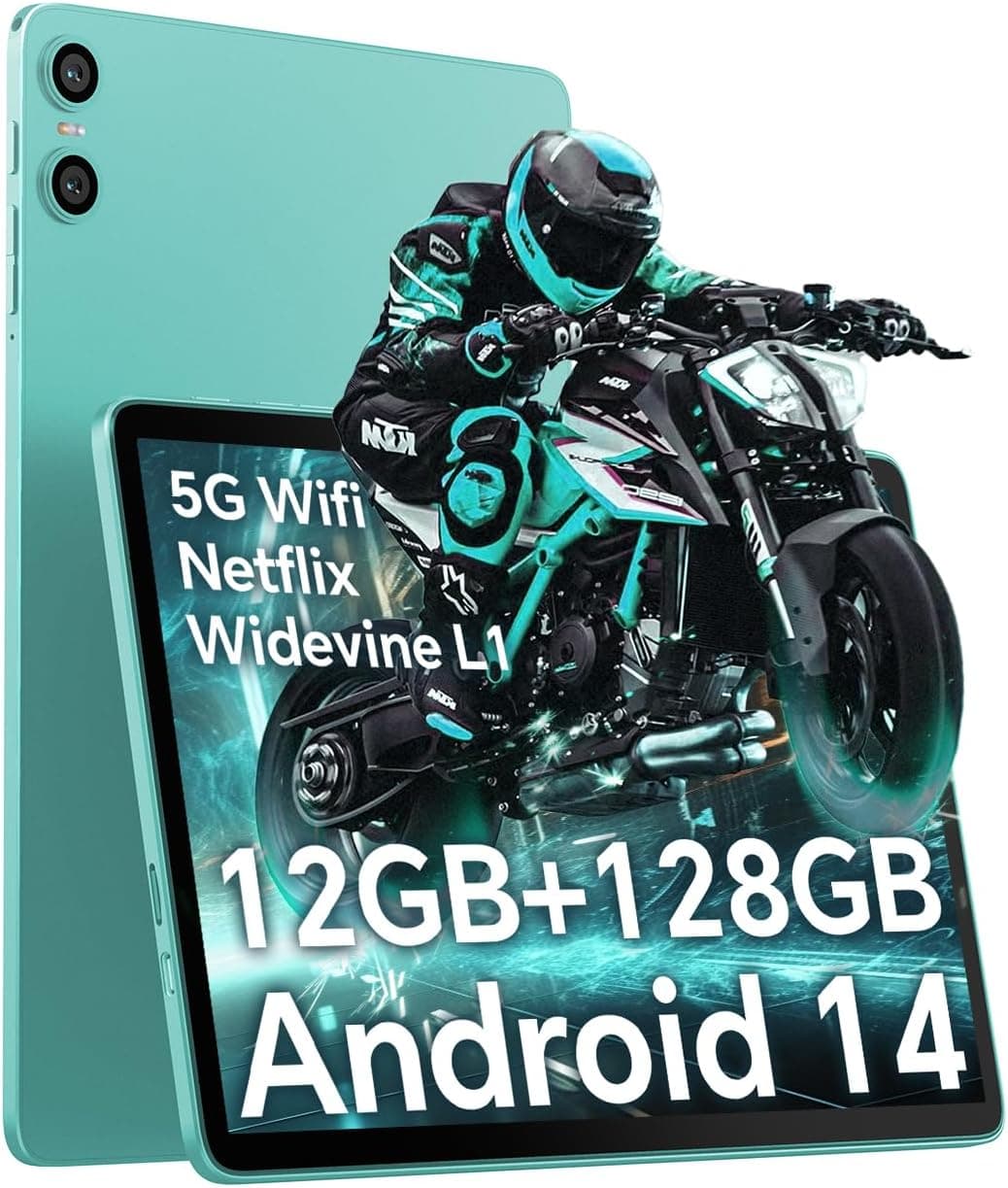 ODEA Tablet de 10 polegadas Android 14, A10 Tablet 12 GB RAM + 128 GB ROM (TF 1TB), Octa Core 2,0 GHz, 6000 mAh/5G WiFi/BT5.0/1280  800 HD+/Widevine L1/Cabo duplo Câmara/T Ype-C/3,5 mm Jack/Face ID
