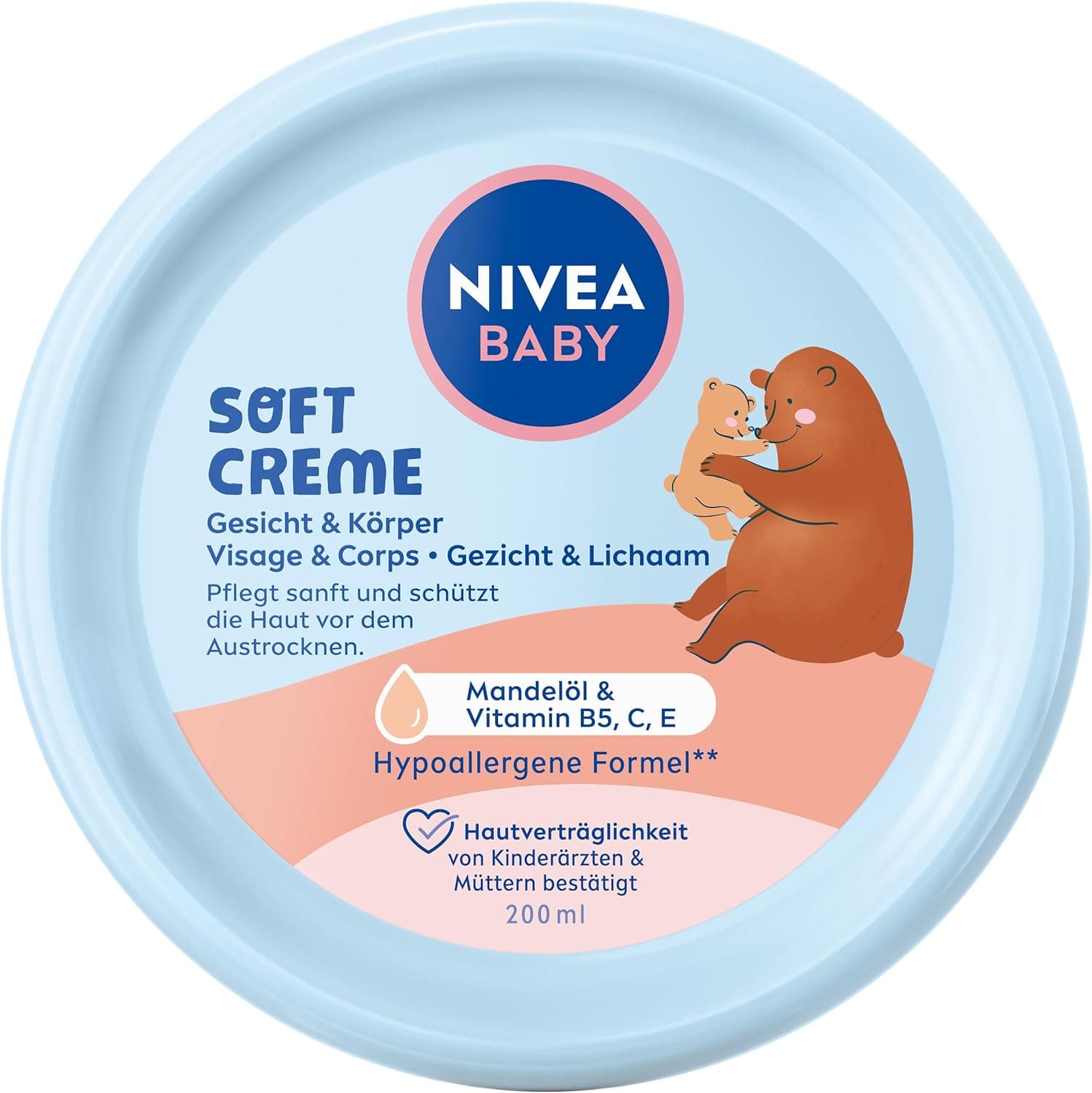 NIVEA Baby Soft Creme de cuidados vegano e hipoalergénico para a pele protege e fortalece, creme hidratante para bebés com óleo de amêndoas e vitaminas, sem microplásticos ou parabenos (200 ml)