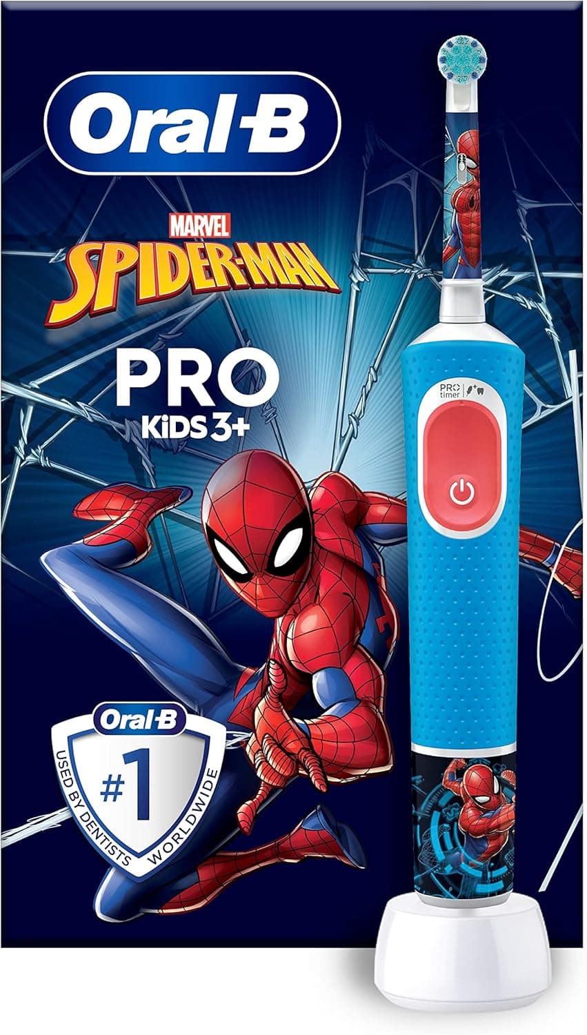 Oral-B Pro Kids Escova de dentes elétrica, 1 cabo de Spider-Man da Marvel, 1 cabeça, desenhada por Braun, adequada para crianças com mais de 3 anos