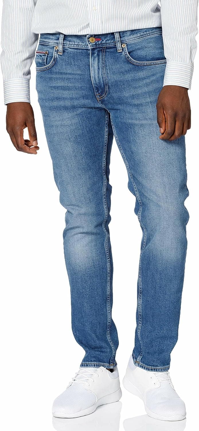 Tommy Hilfiger Calças de ganga para homem Core Straight denton Ohio Rinse com Stretch