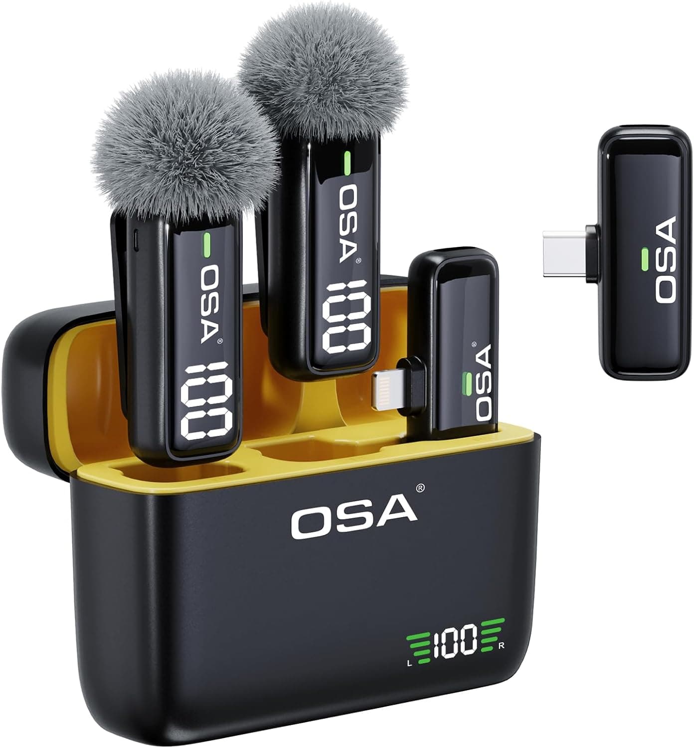 OSA Lavalier - Microfone para telefone com capa de carregamento e transmissor de ecrã digital, conjunto de 2, para iPhone, iPad, Android, gravação, gravação de vídeo profissional, microfone de lapela