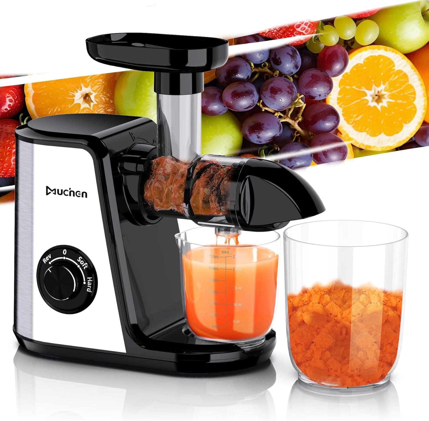 Muchen Liquidificadoras para sumos e batidos, espremedor de alta eficiência para sumos frescos, motor silencioso de 150 W, prensado a frio, função reversa, design moderno em aço inoxidável