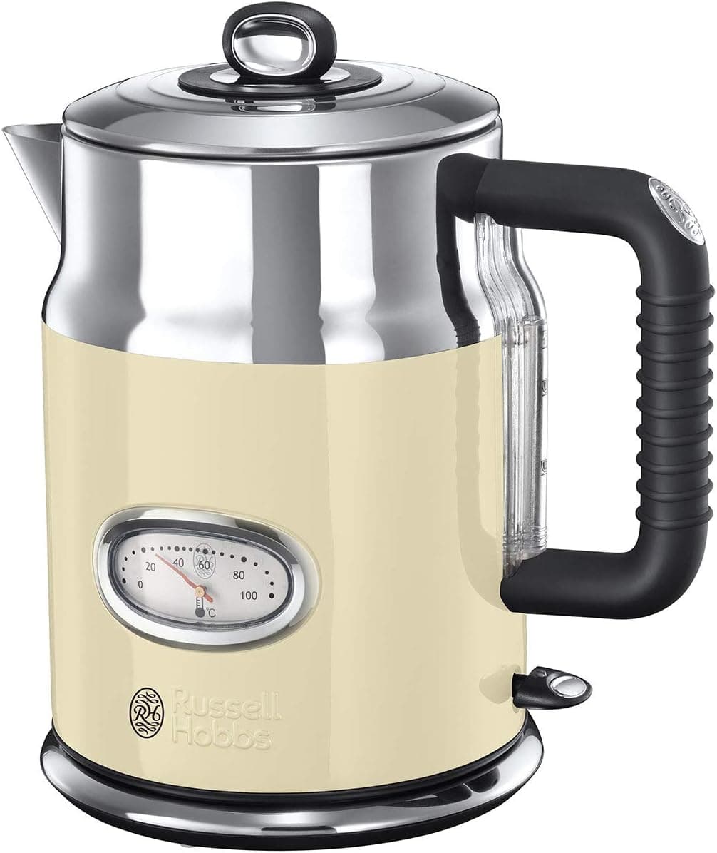 Russell Hobbs Chaleira de água elétrica retro - 1,7 litros, 2400 W, filtro removível, área de ebullição rápida, base de 360°, indicador nível de água, design vintage, nox, creme - 21672-70