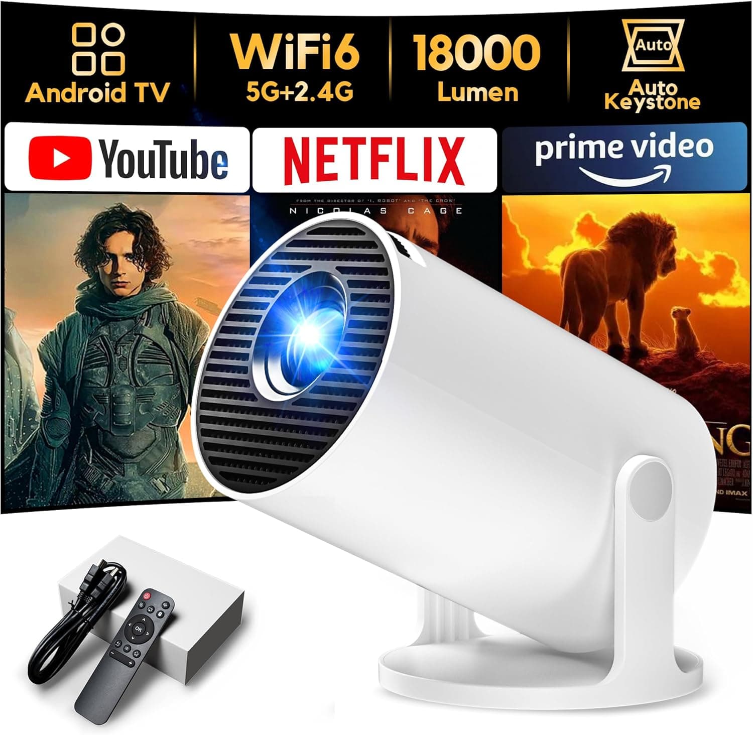 AKIYO Portable Projector | Projetor portátil Full HD com Wi-Fi 6 Bluetooth e rotação 180° compatível com Android TV HDMI smartphone USB e PS5