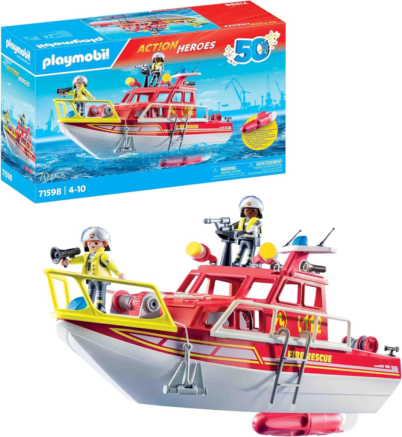 PLAYMOBIL Action Heroes 71598 Barco de resgate, missão de resgate na água, barco flutuante com teto removível e acessórios, brinquedos para meninos e meninas a partir de 4 anos