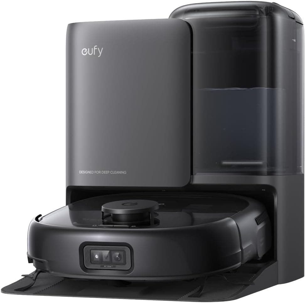 eufy Robot aspirador Omni E25, sistema HydroJet, sucção turbo de 20.000 Pa, escovas desembaraçantes DuoSpiral, braço CornerRover, estação tudo em um.