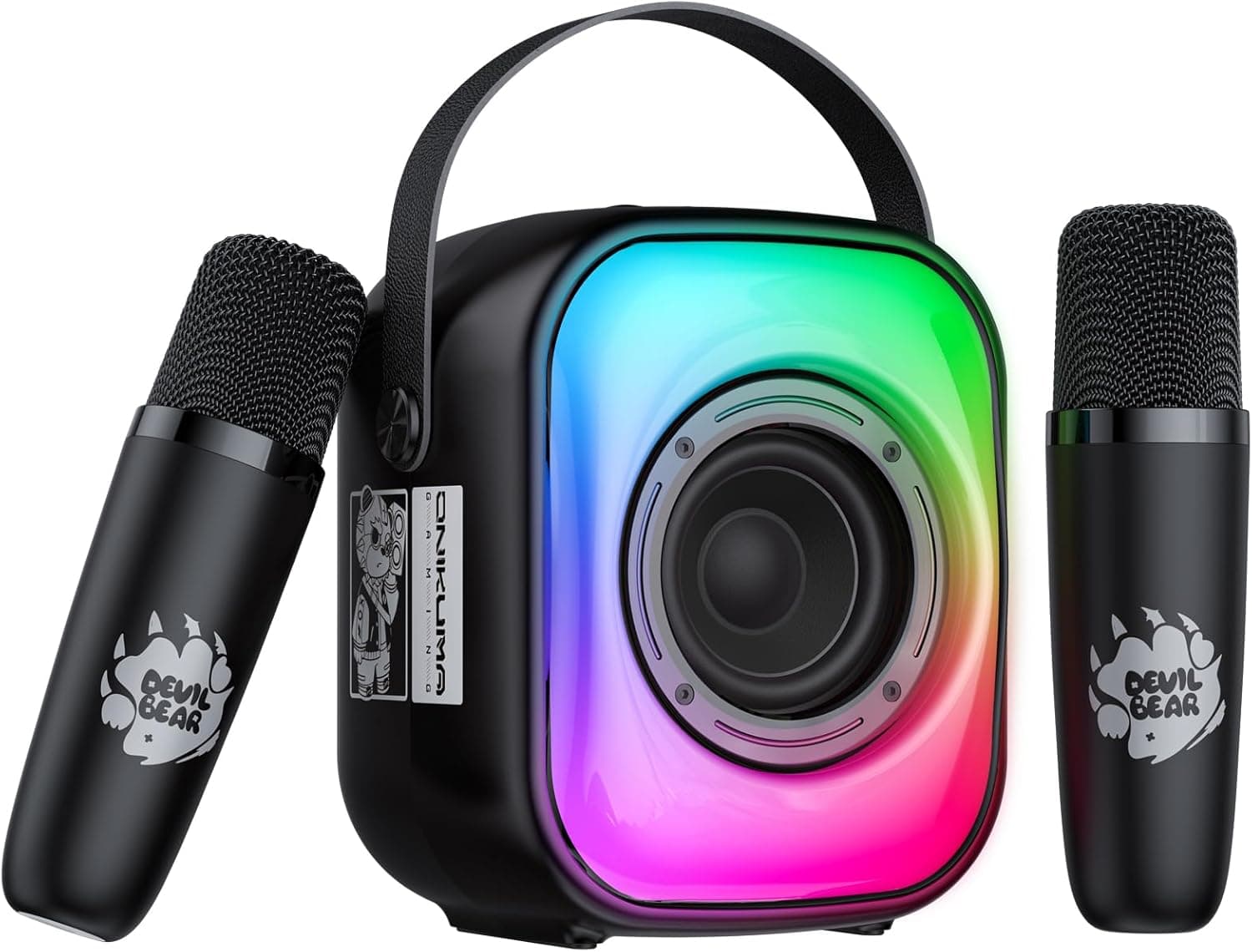 PHNIXGAM Mini máquina de karaokê, altifalante portátil Bluetooth com 2 microfones sem fio, microfone de karaoke com LED, suporte de altifalante para cartão TF/USB, AUX-in