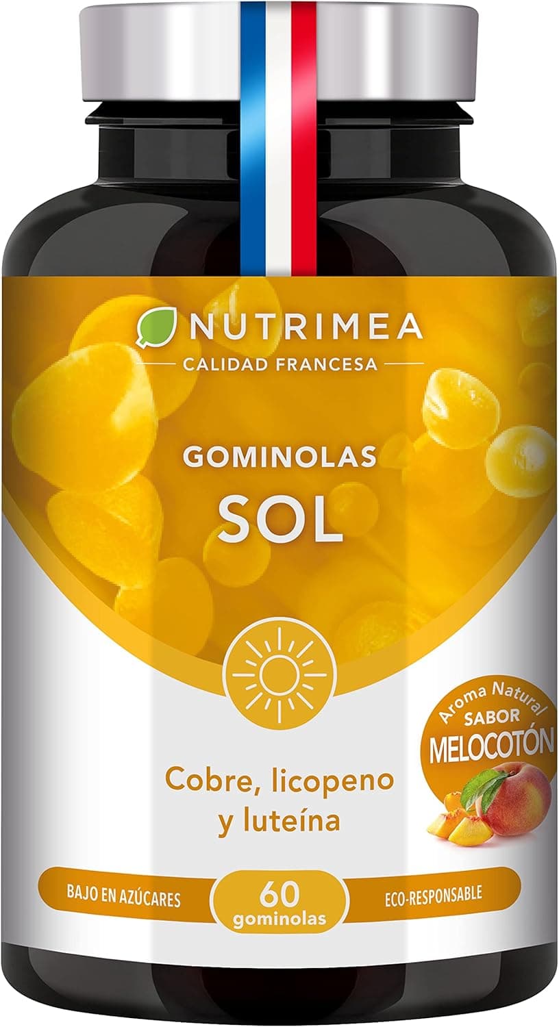 Gominolas para o sol - acelerador bronzeado - com cobre, licopeno e luteína - sabor pêssego - 60 Gummies veganas - fabricadas em França - Nutrimea