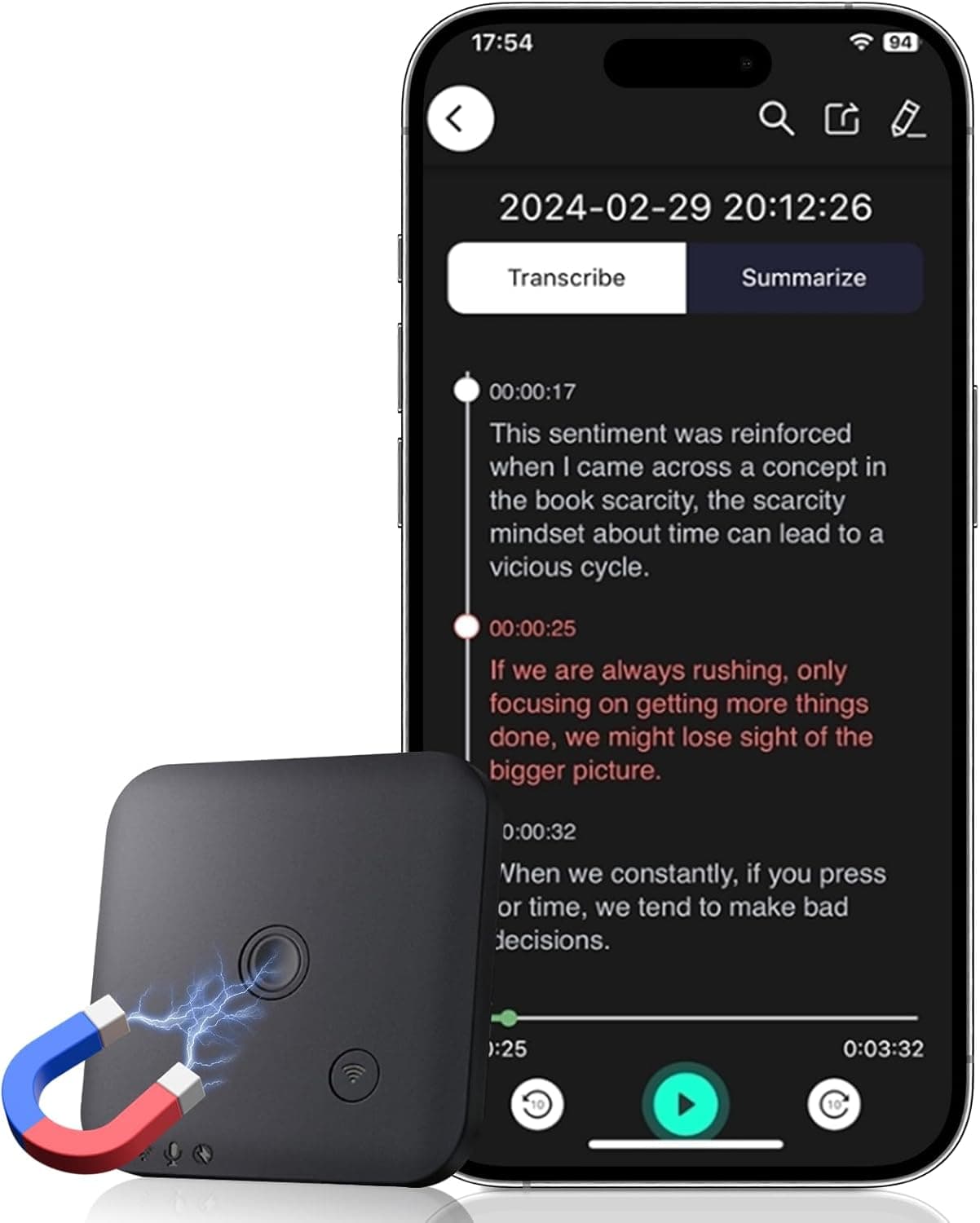 Gravador de voz AI - Transcreva e resume com ChatGPT 4o, 64 GB de memória, suporte para 102 idiomas, controlo por aplicativo, ideal para aulas, reuniões, entrerevistas e chamadas