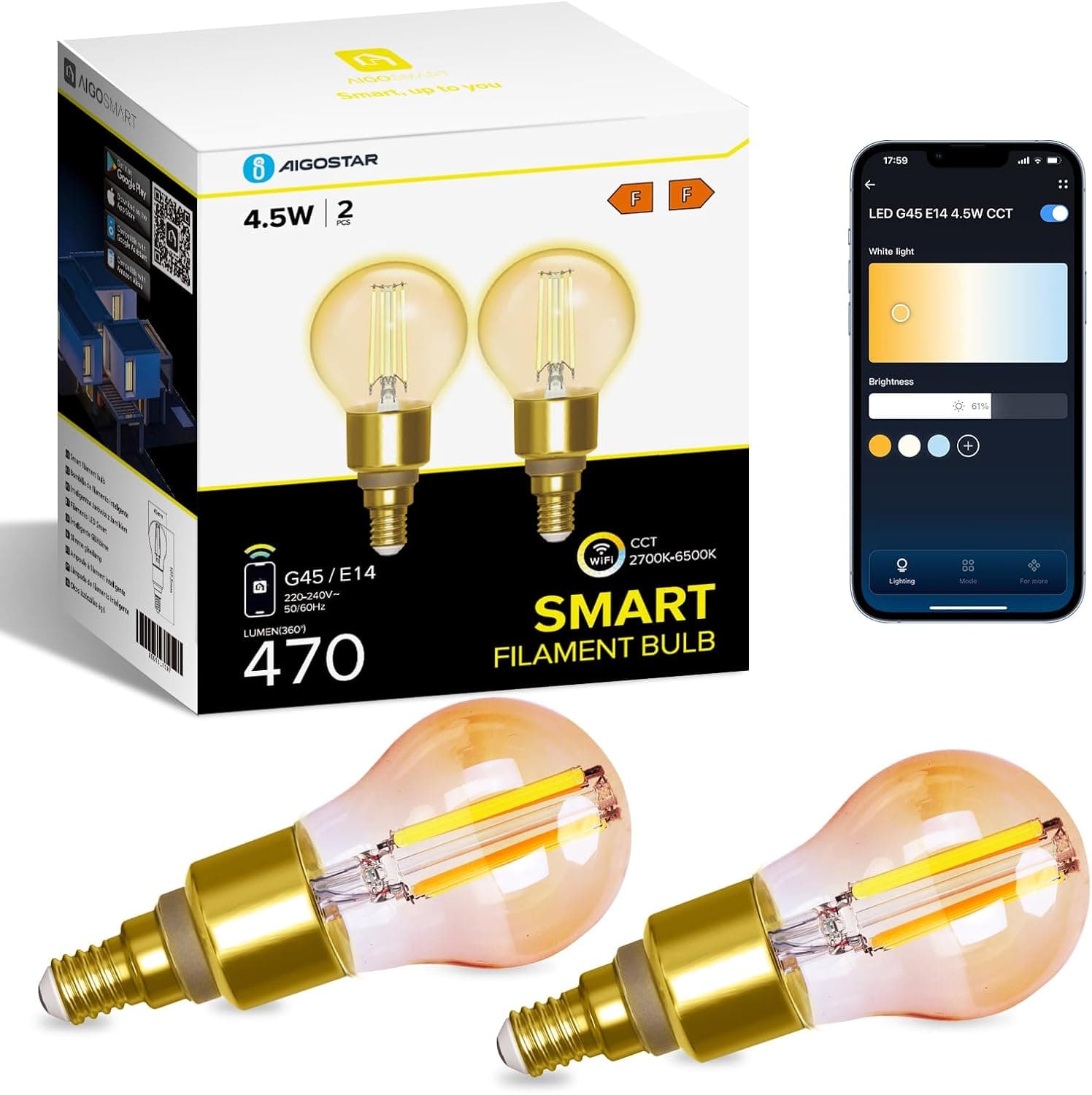 Aigostar Lâmpada inteligente Alexa, lâmpada LED E14 vintage, G45 Âmbar tipo balão, 4,5 W, 470 LM, regulável quente a frio 2700 K a 6500 K, compatível com Alexa e Google home, 2 unidades