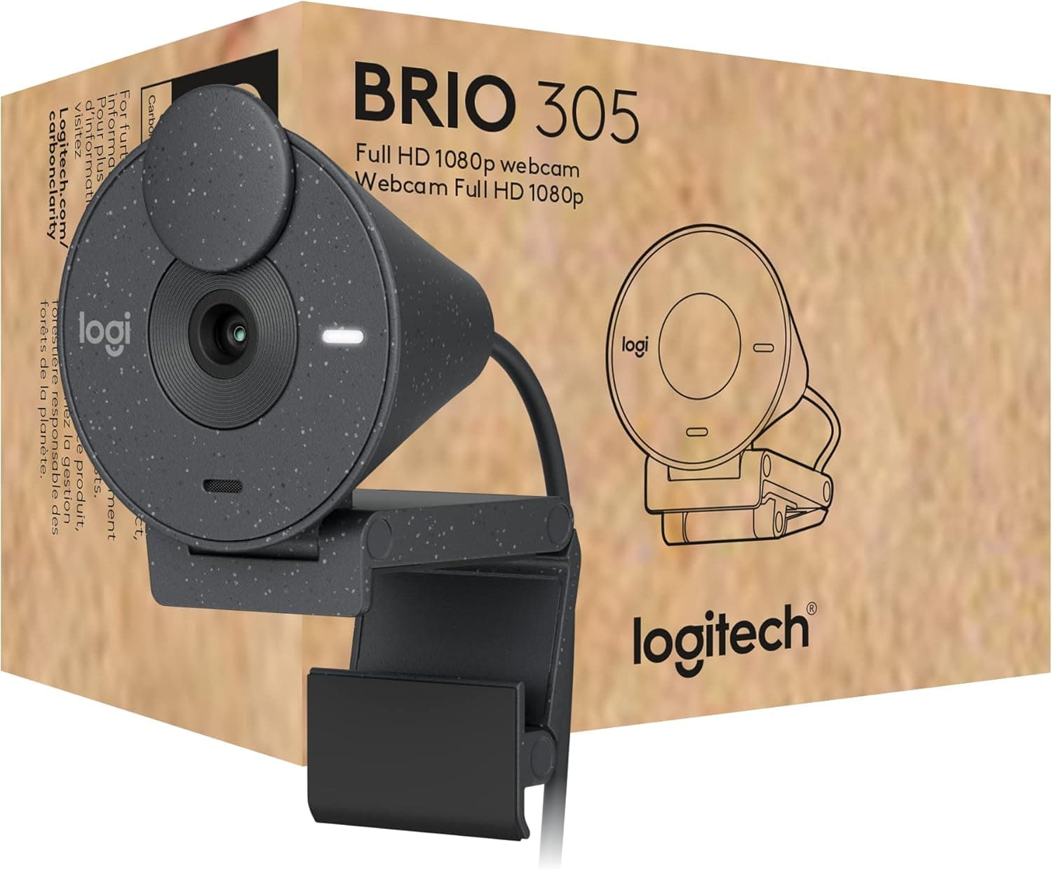 Logitech Brio 305 Full HD 1080P Webcam com tampa de privacidade, microfones mono com redução de ruído, USB-C, correção automática de luz, funciona com Zoom, Microsoft Teams, Google Meet, grafite