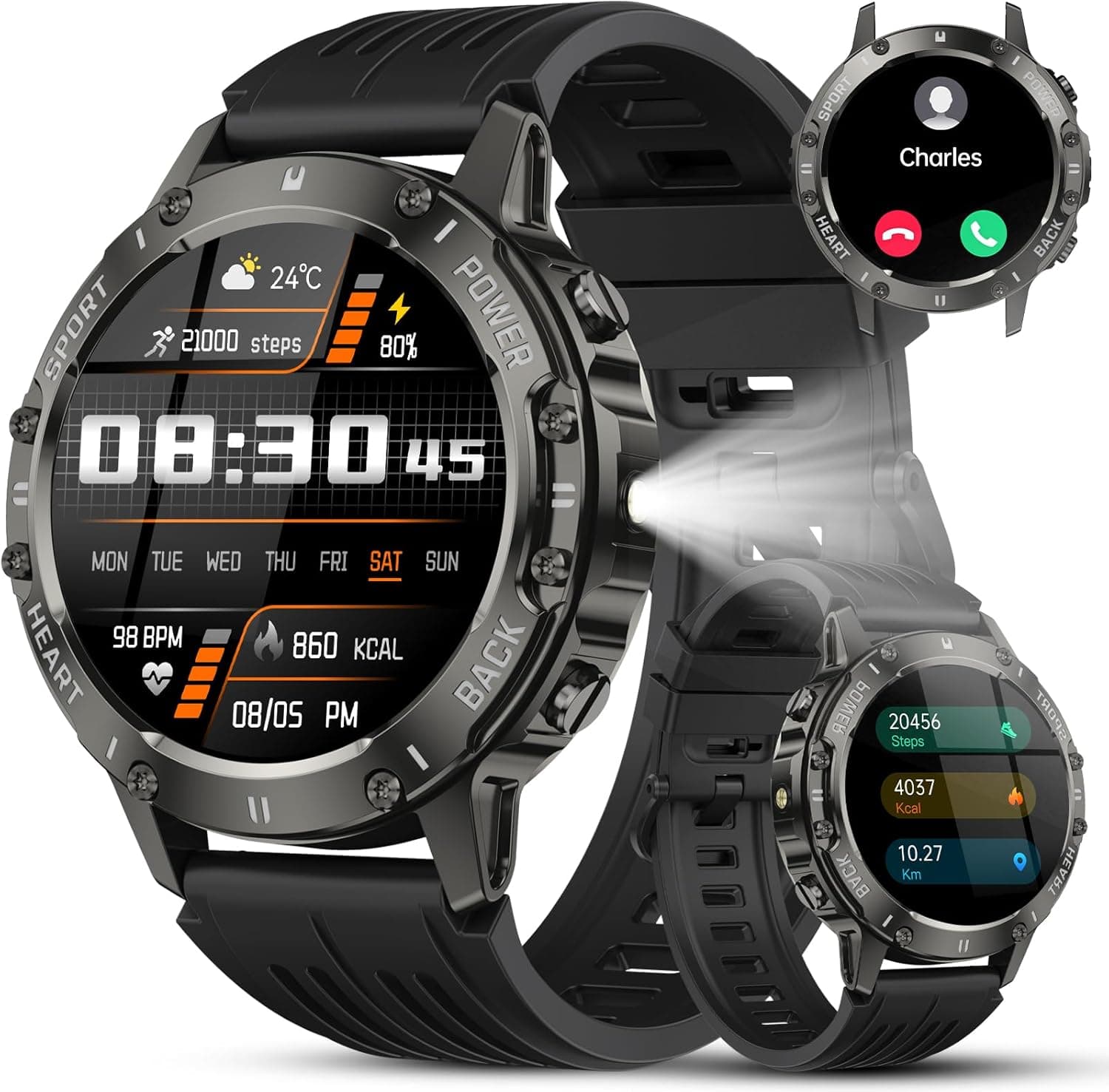 Relógio inteligente militar masculino, smartwatch masculino HD de 1,39" com chamadas BT 5.3, 114+ modos esportivos, monitor de sono 24 horas por dia, 7 dias por semana/pedômetro/monitor de frequência cardíaca, pulseira de atividade à prova d'água IP68 para Android iOS