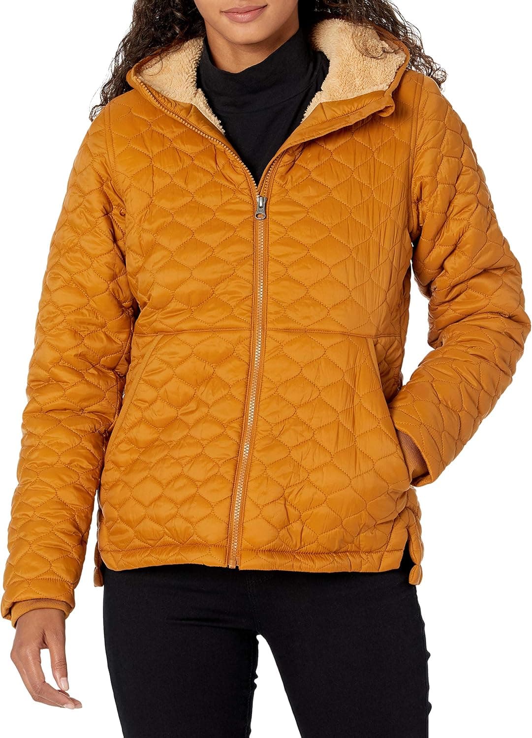 Amazon Essentials Casaco acolchoado leve com fecho de correr completo, resistente à água, com capuz e forro de Sherpa para mulher