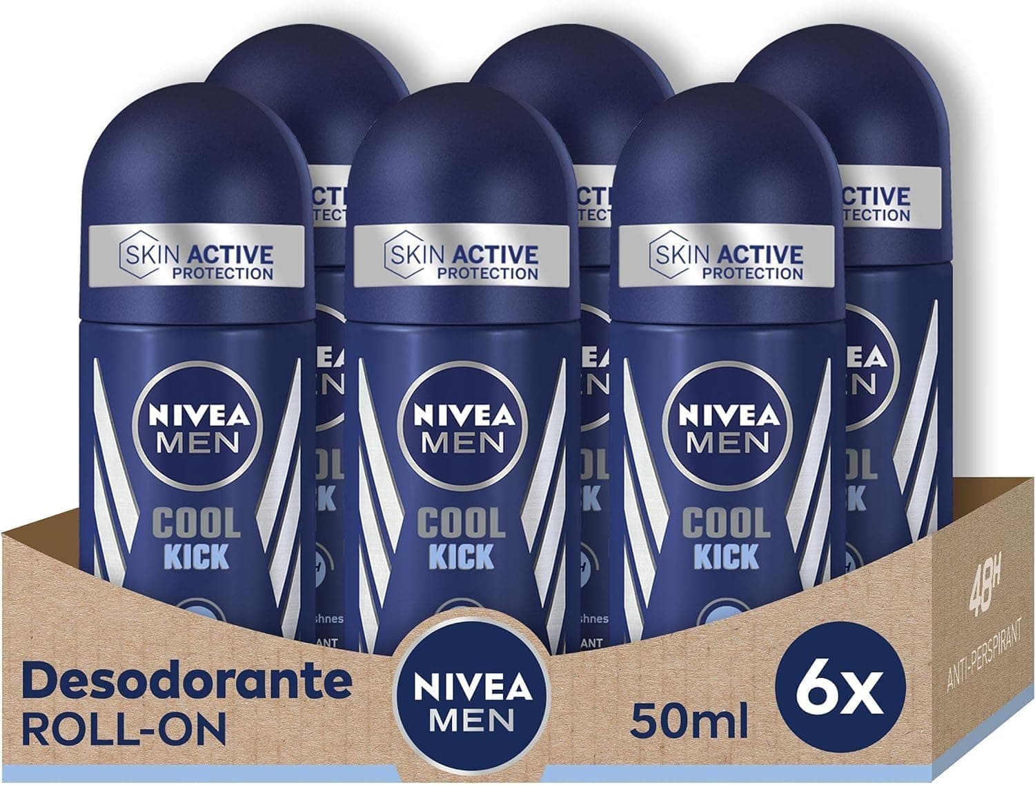 NIVEA MEN Cool Kick Roll-on em embalagem de 6 (6 x 50 ml), desodorizante masculino com um golpe de frescura, desodorizante antitranspirante para os cuidados masculinos