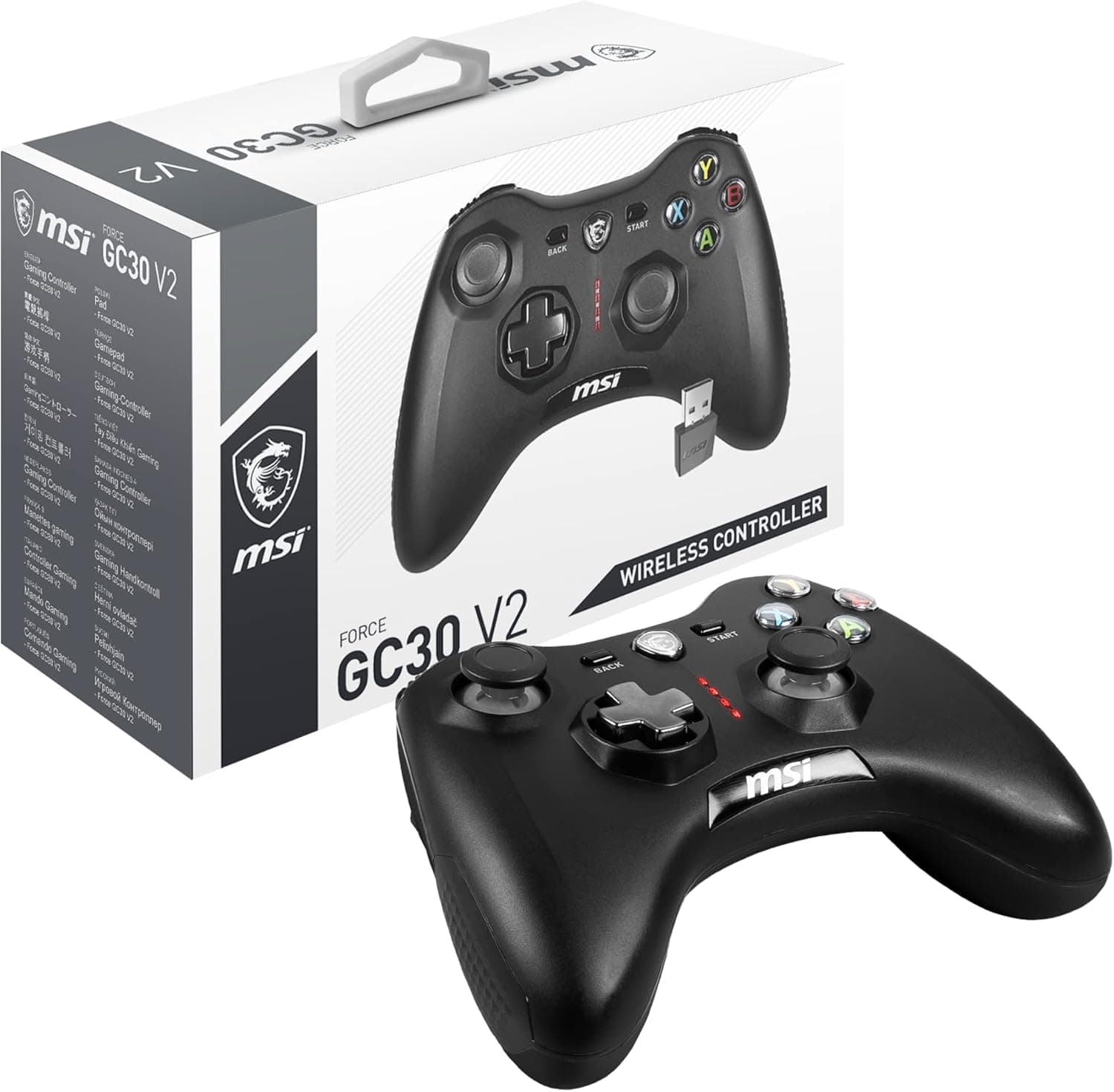 MSI FORCE GC30 V2 Controlador Gamepad sem fios para PC, 2,4 GHz, bateria 600 mAh Li-Ion, capas D-Pad intercambiáveis, 2 motores de vibração, USB 2.0 - com cabo / sem fios