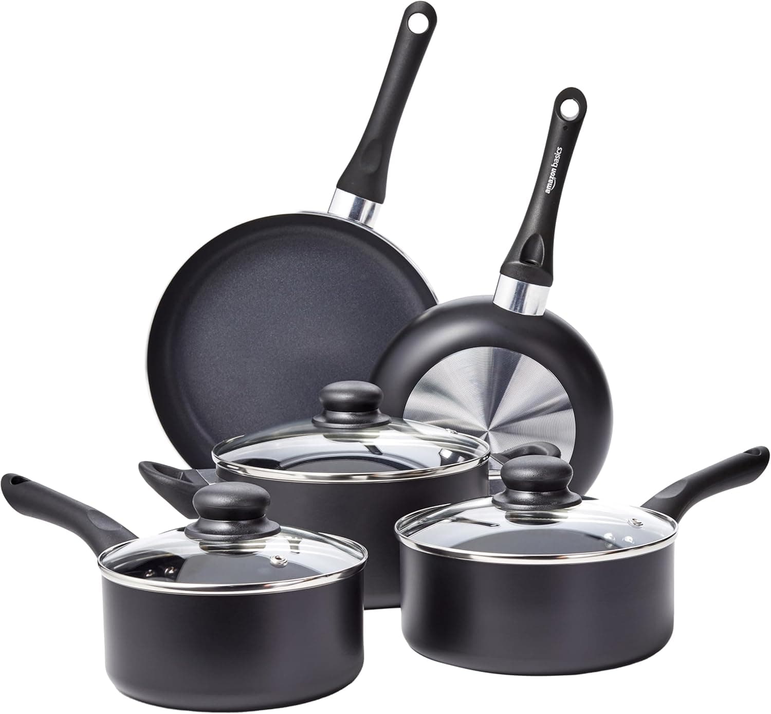 Amazon Basics Conjunto de utensílios de cozinha antiaderentes, 8 unidades (5 panelas + 3 tampas), preto