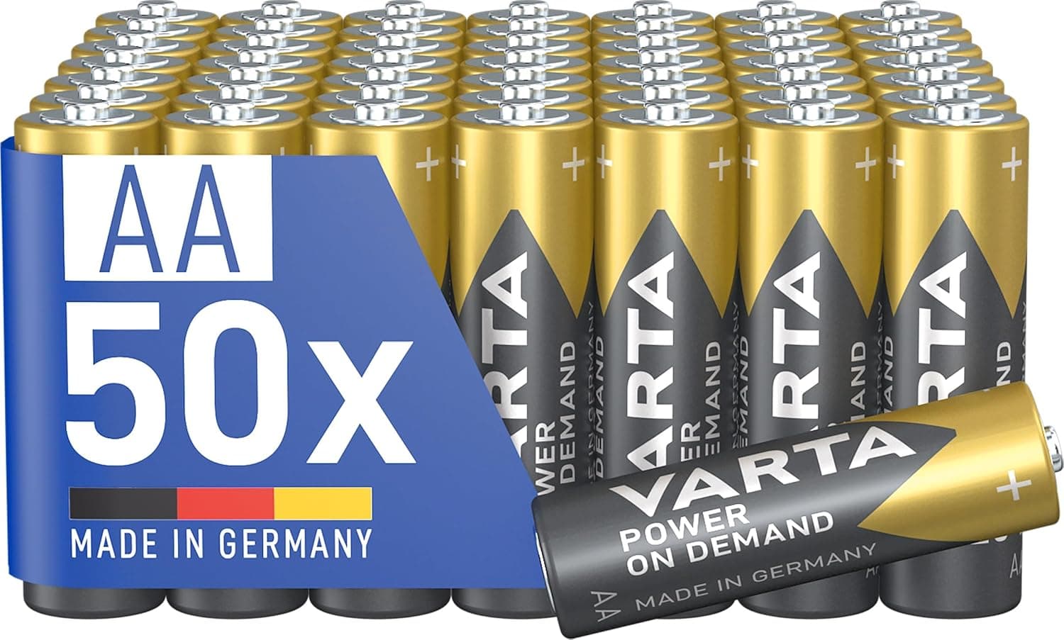 VARTA Pilhas AA, embalagem de 50, Power on Demand, alcalinas, 1,5 V, inteligentes, flexíveis, para acessórios de computador, dispositivos Smart Home, lanternas, Made in Germany