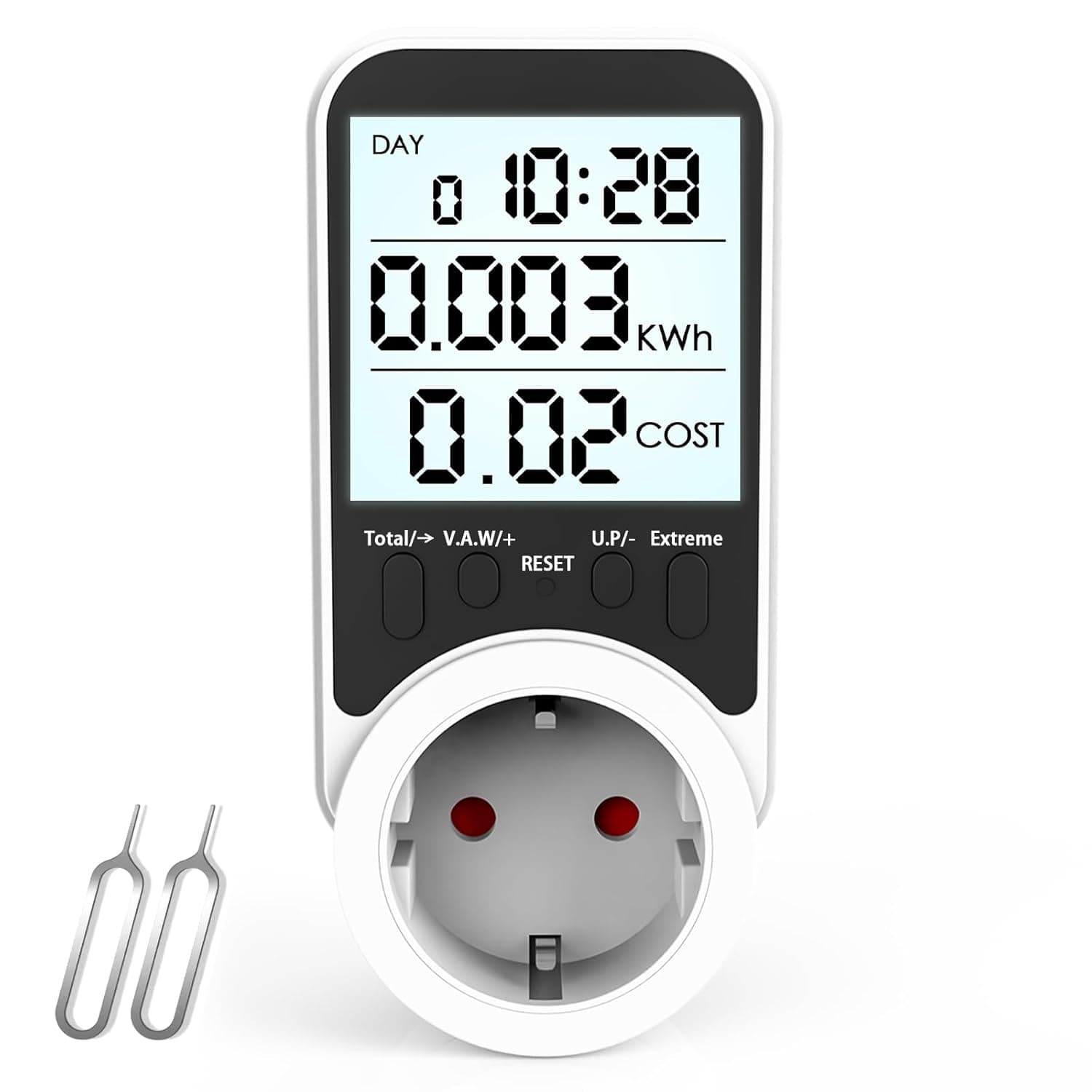 KAEFUYS – Medidor de consumo elétrico até 3680 W/16 A, com ecrã LCD, 7 modos de monitorização e proteção contra sobrecarga; ideal para frigorífico, máquina de lavar, etc.
