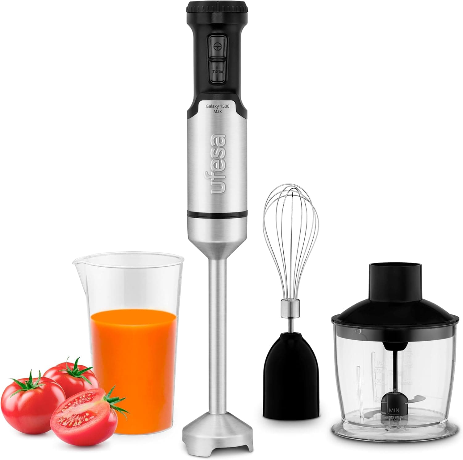 Ufesa Galaxy Max Liquidificadora de mão, potência de 1500 W, controlo de 24 velocidades TURBO, 4 lâminas de alta eficiência, design ergonómico e anti-salpicos, acessórios incluídos, sem BPA