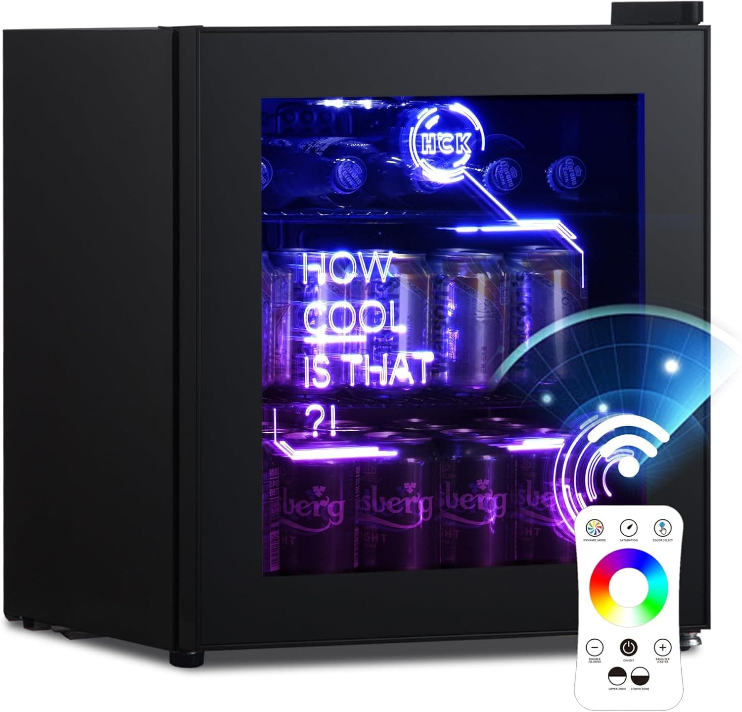 HCK Mini frigorífico, pequeno frigorífico 48 L com iluminação moderna Cyberpunk, mini frigoríficos pequenos de 0 a 15 °C, para sala de jogos, festa, preto