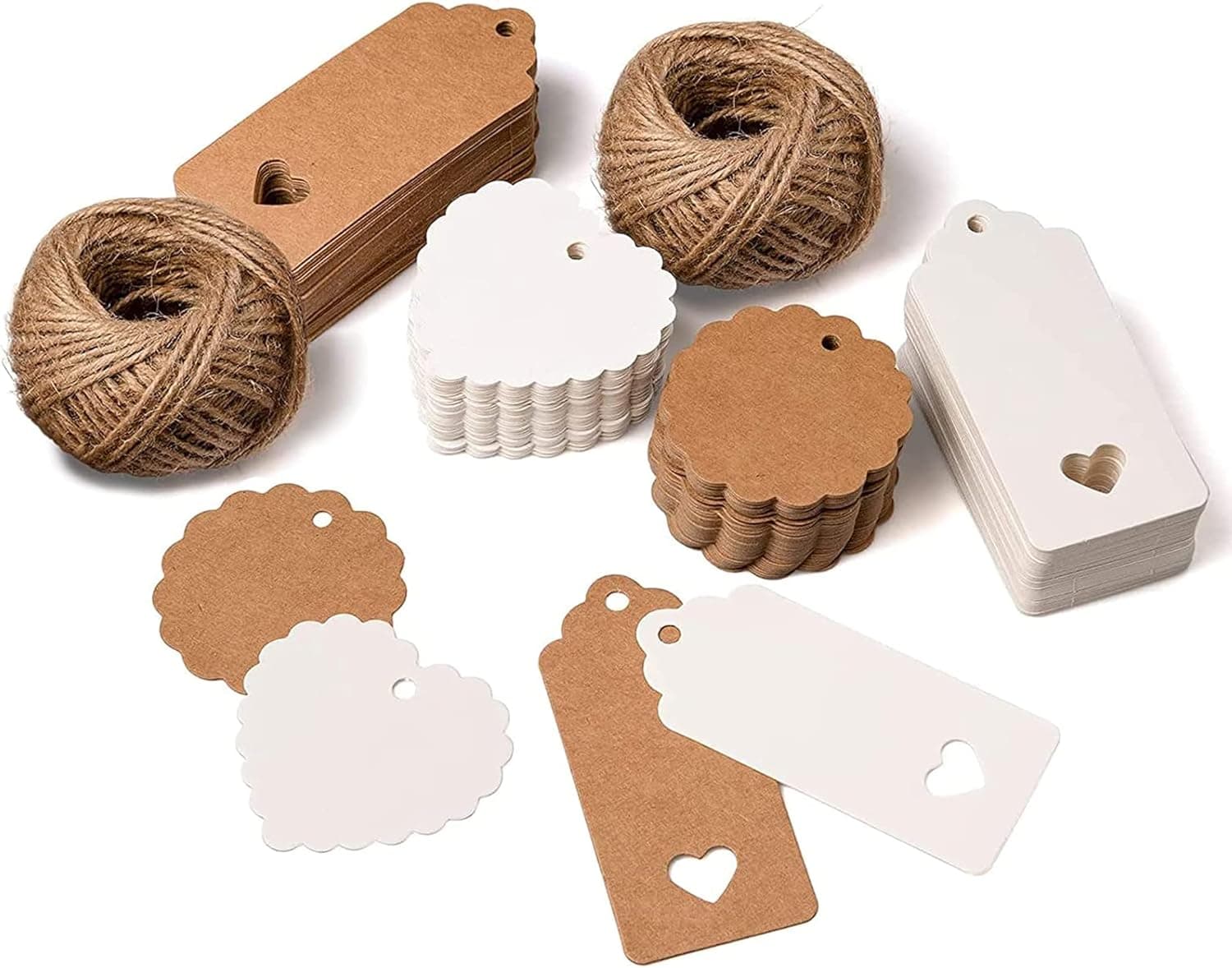 Carehabi - 200 peças. Etiquetas de papel em relevo com coração e corda de juta de 50 m para presentes de casamento, presentes de festa, decoração de presente