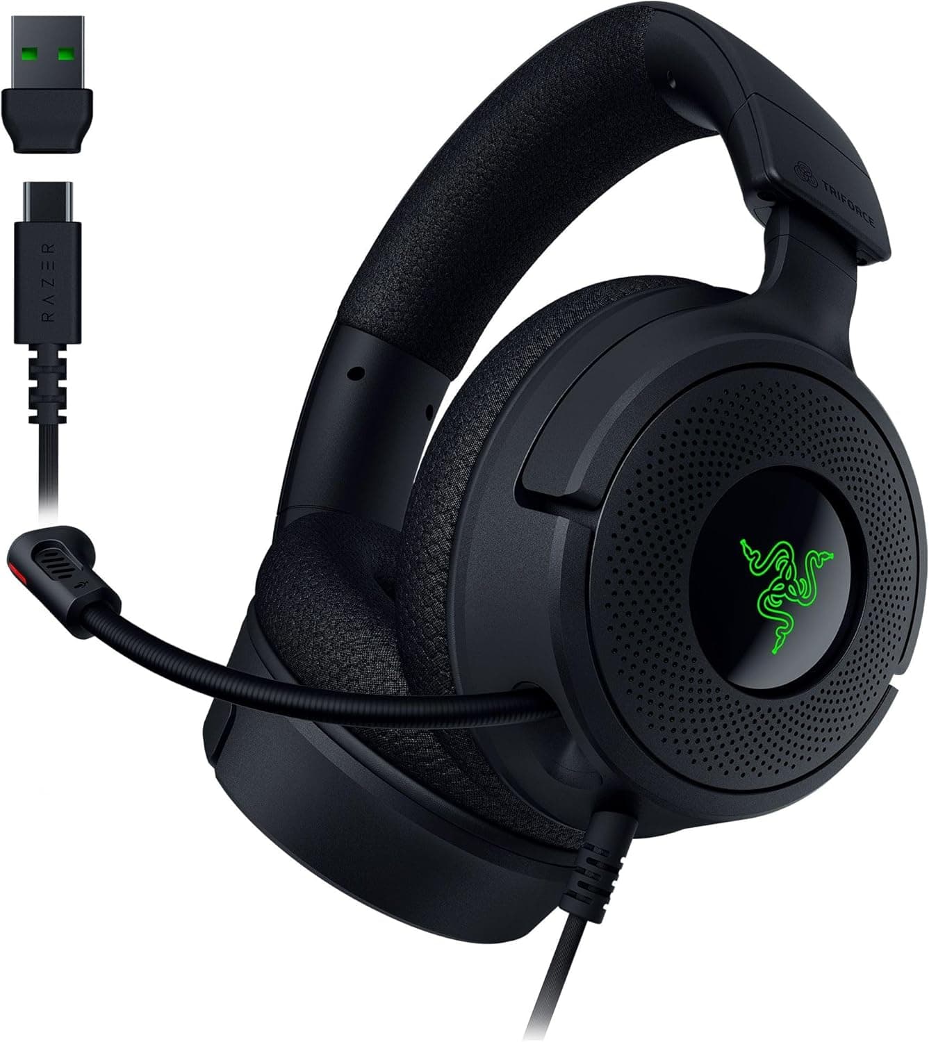 Razer Kraken V4 X - Wired PC Gaming Headset (Triforce 40 mm Drivers, microfone cardióide removível, 7,1 Surround Sound, crómio RGB, para PC, console e telefones via USB-C) preto