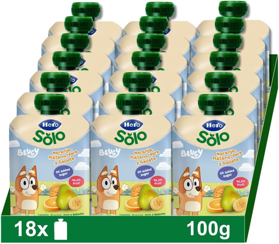 Hero - Sacos com laranja, banana, pêra e bolacha, sem conservantes nem corantes, óleo de palma, nem açúcar adicionado, para bebés a partir dos 12 meses, pack de 18 x 100 g
