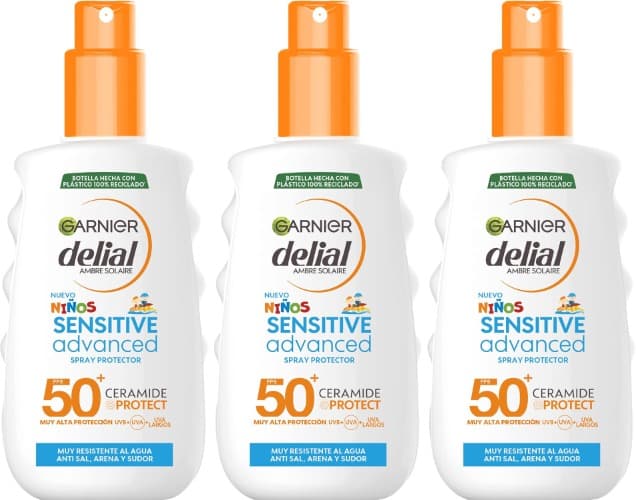 Garnier Delial Kids Sensitive Advanced Spray Protetor Solar, Muito Resistente à Água, Para Pele Clara e Sensível, Alta Proteção FPS 50+, Testado sob Controlo Pediátrico, 150 ml x 3