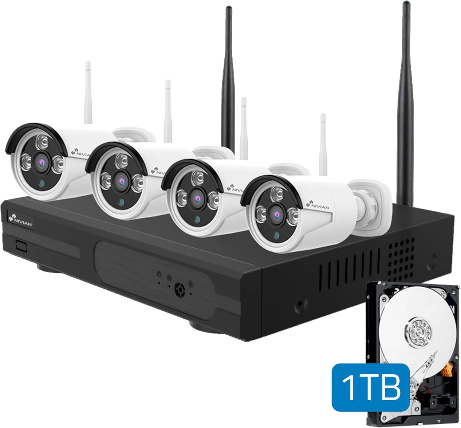 Nivian Kit de câmaras de vigilância WiFi 2K com gravador 10CH e 4 câmaras exteriores impermeáveis IP66, visão noturna, detecção de movimento, fácil instalação sem cabos, notificações na aplicação
