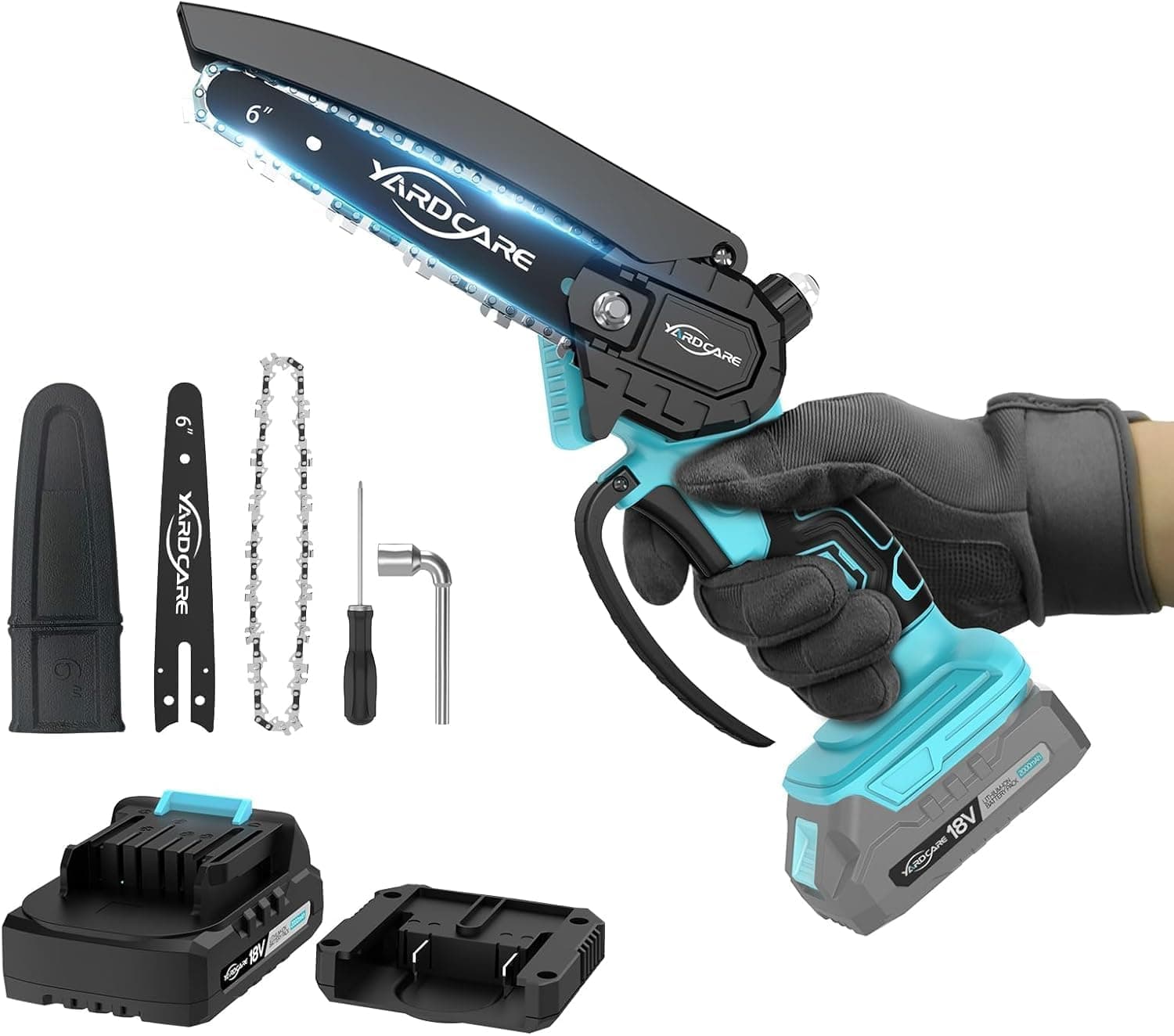 YARDCARE Mini Chainsaw 6 Inch | Motosserra elétrica portátil sem fios para poda e jardinagem com reservatório de óleo, bateria e carregador