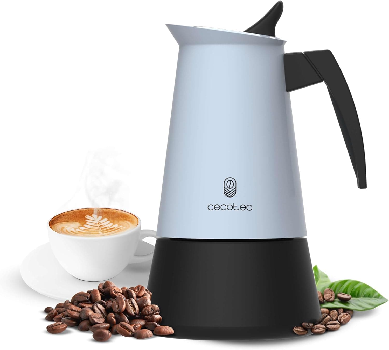 Cecotec Cafeteira italiana Piccolina 200 Blue. Capacidade de 100 ml para 2 chávenas, design elegante em aço, filtro de aço inoxidável, adequado para todas as superfícies, válvula de segurança, fecho