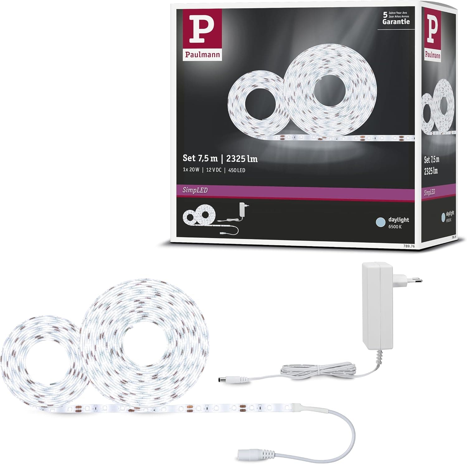 Paulmann 78976 Conjunto de faixa SimpLED 7,5 m, faixa LED de 20 W, tira de luz 6500 K branco diurno, fita de luz revestida 