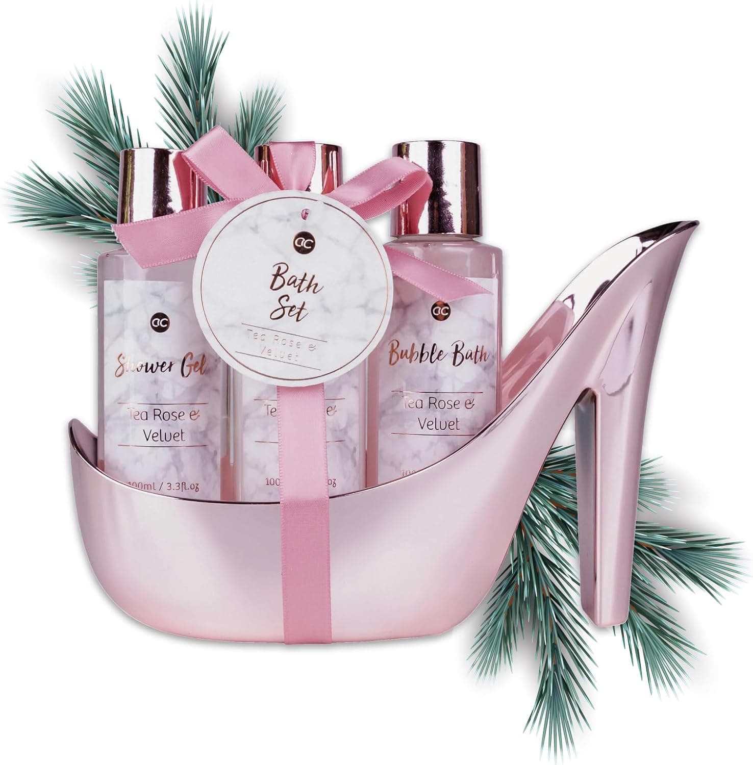 Accentra - Conjunto de banho mármore com salto alto - conjunto de cuidados de 3 peças com gel de banho, banho de bolhas e loção corporal - presente de aniversário, dia dos namorados e Natal (rosa)