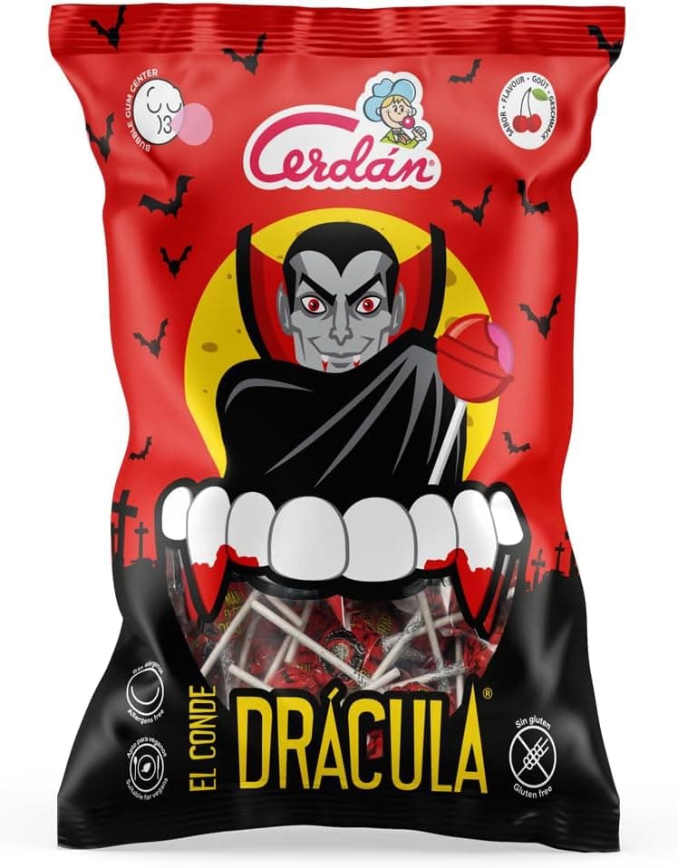 Caramelos Cerdán - Caramelo com vara gigante o conde dracula sabor cereja | doce duro recheio de pastilha elástica sem glúten ou alérgenos, ideal para Halloween, festas e aniversários, bolsa de 50