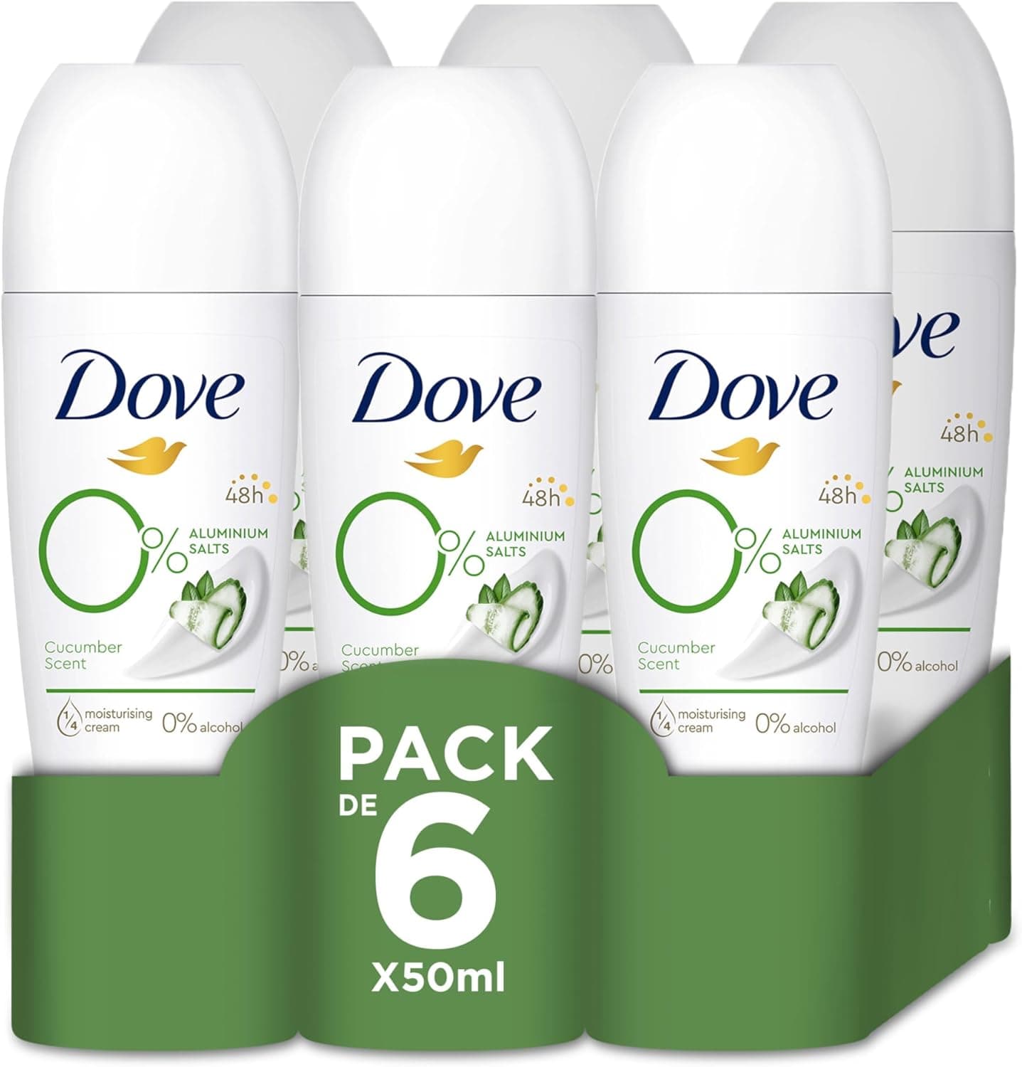 Dove 0% desodorizante Roll-On pepino e chá verde proteção 48 horas anti-respirável, 50 ml, conjunto de 6 unidades