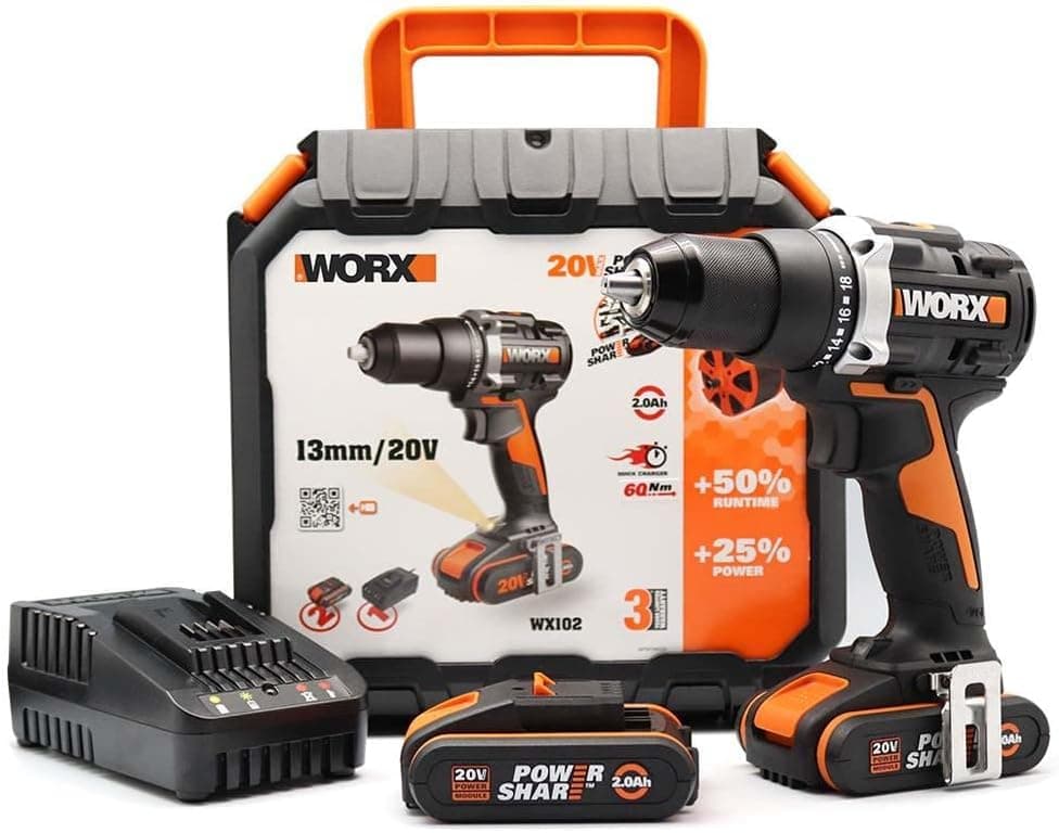 WORX WX102 | Berbequim aparafusador sem fios 20V com motor brushless, 2 velocidades, 2 baterias 2 Ah, carregador e mala