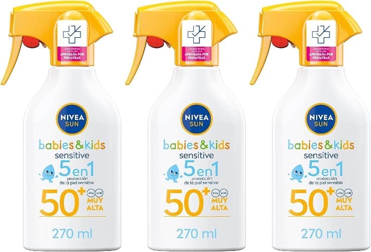 NIVEA SUN Babies & Kids Sensitive Spray FP50 (1 x 270 ml), protetor solar resistente à água para pele sensível, creme para bebés e crianças x3