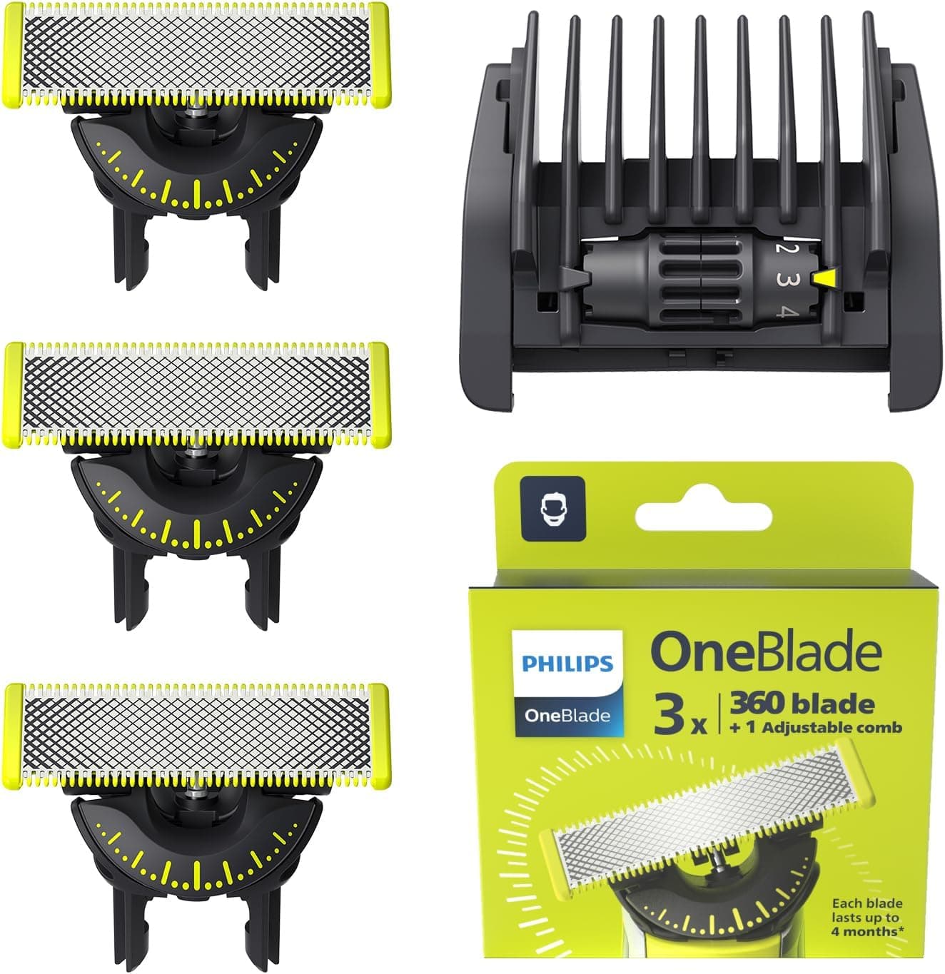 Philips OneBlade 360, Lâmina de substituição autêntica para aparador de barba e máquina de barbear para homem, guia de 5 comprimentos, compatível com todos os OneBlade, pack de 3 unidades, QP437/50