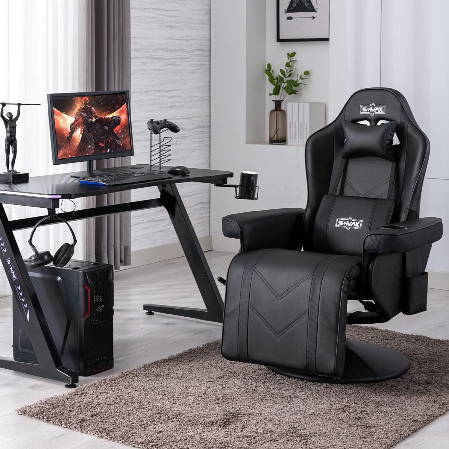 SMAX Cadeira de gaming com apoio para os pés, poltrona de videojogos, encosto alto, suporte para copos, bolso lateral, cadeiras de gamer para adultos, preto X grande
