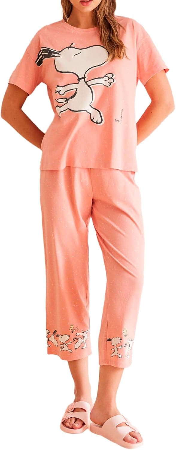 Women'secret Pijama Capri de manga curta multilicença jogos olímpicos 100 % algodão rosa Snoopy para mulher