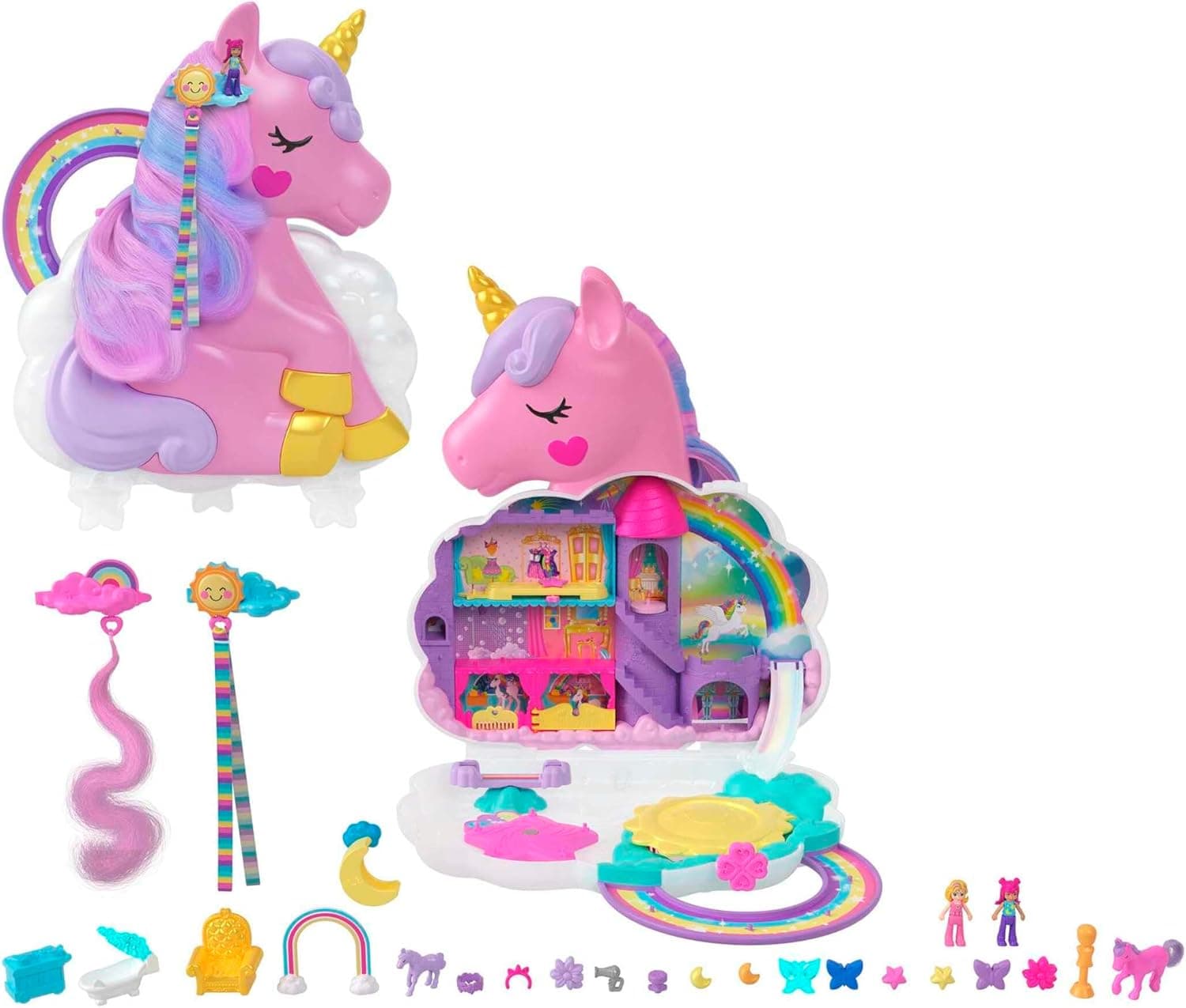 Polly Pocket HMX18 | Conjunto salão de beleza unicórnio arco-íris com busto para pentear 2 bonecas e mais de 20 acessórios