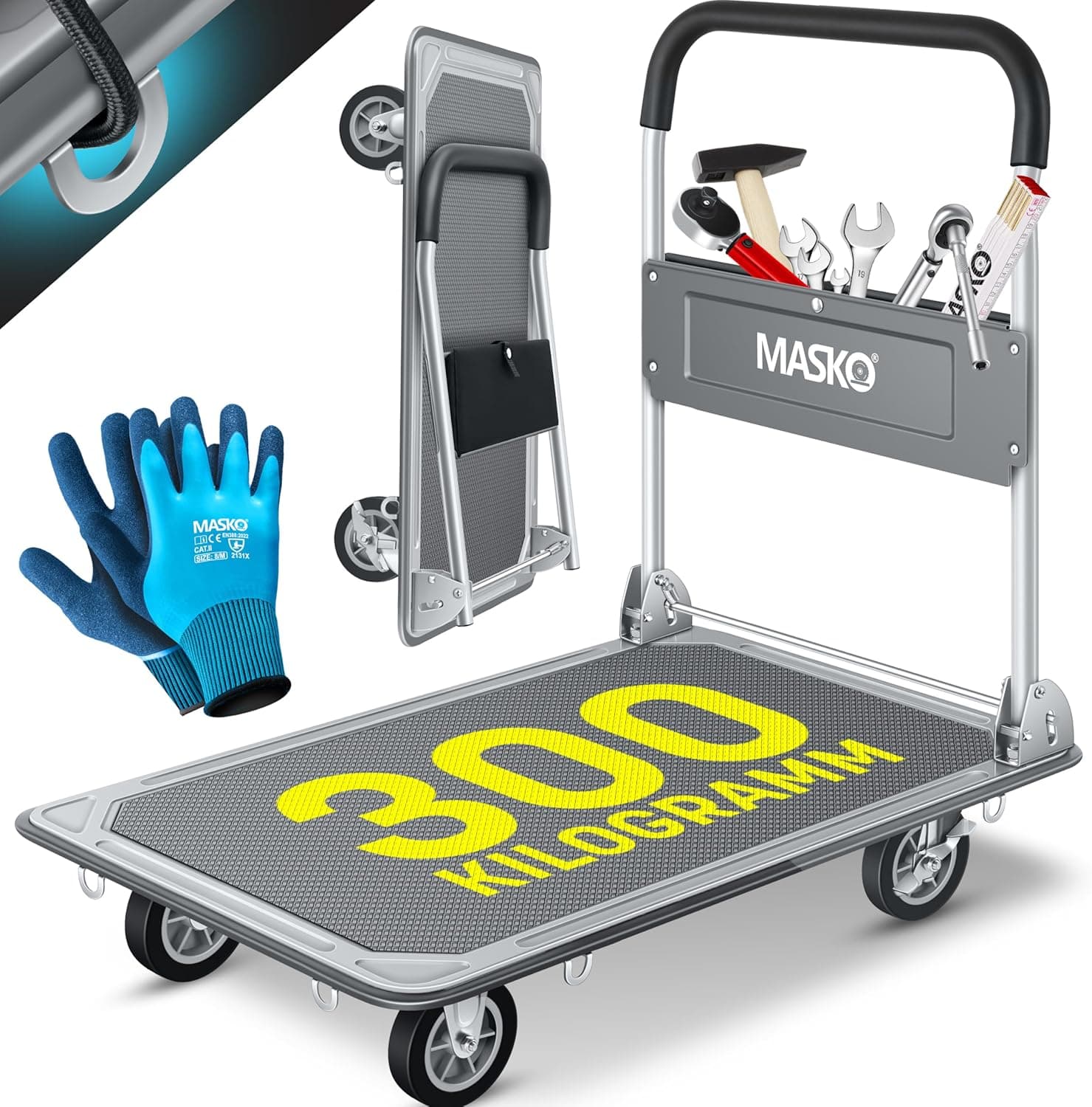 Masko Platform Trolley | Carro de transporte dobrável com rodas giratórias, capacidade até 300 kg e luvas de trabalho incluídas