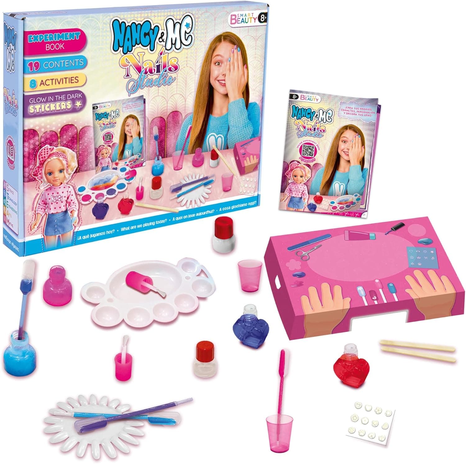 Nancy & Me - Nails Studio, kit de manicure, pintura e desenhe as suas unhas, crie os seus pintainhas, incluem autocolantes que brilham no escuro, expositor para testar as cores criadas, famosa