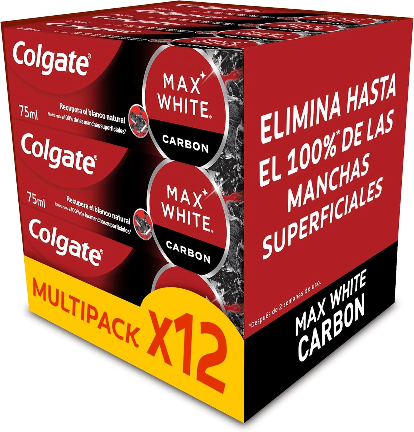 Colgate Max White pasta de dentes com carvão ativo pack de 12 x 75 ml, pasta de dentes branqueadora, elimina até 100 % das manchas superficiais, carbono ativado e micro partículas minerais