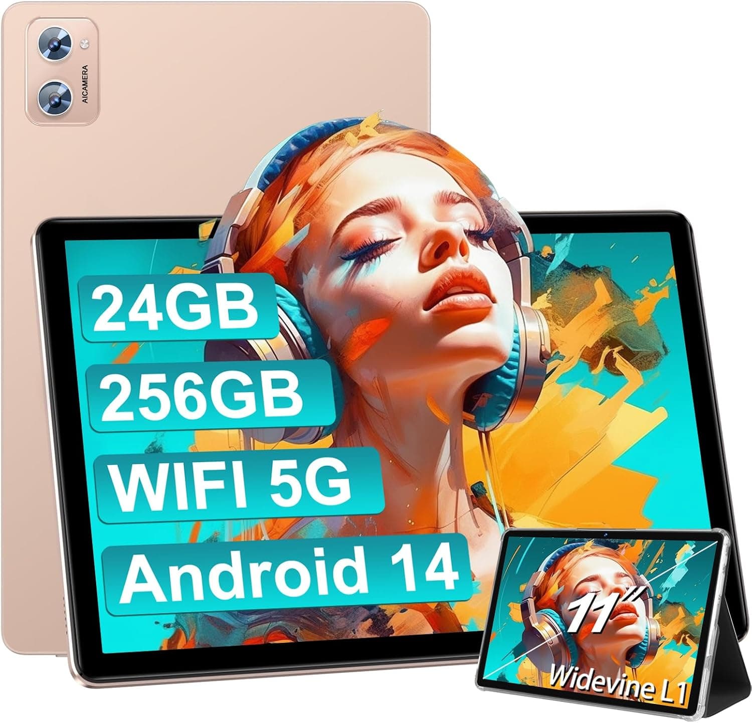 Tablet SUAAT de 11 polegadas 2020, novo Android 14, 24 GB de RAM, 256 GB de ROM (1 TB extensível), Octa-Core, 5G + 2,4G, Widevine L1, 13 MP + 5 MP, Bluetooth 5.0