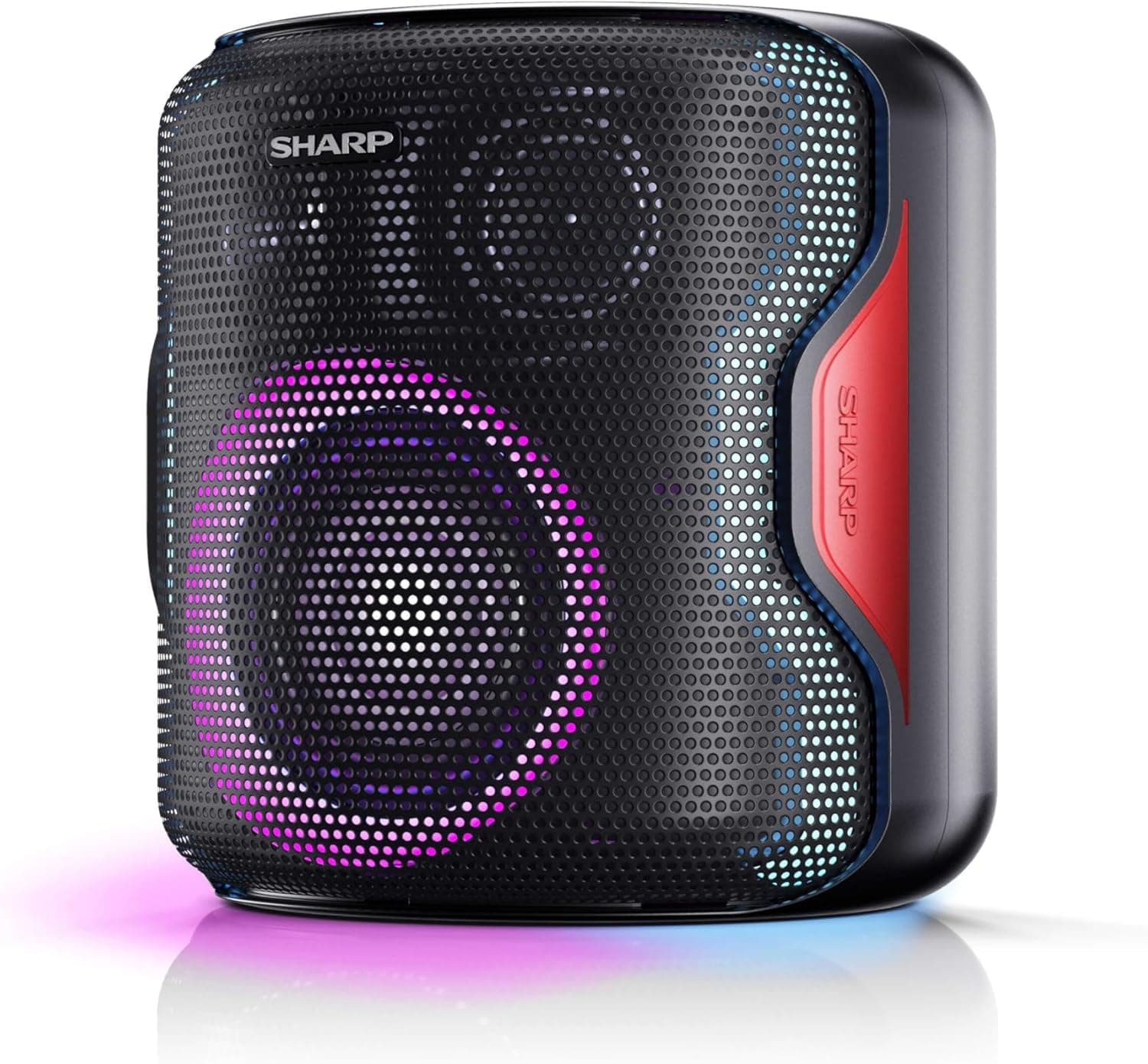 Sharp PS-921 (BK) Altifalante Bluetooth portátil com luzes LED, áudio 2.1 e 3D. Duo Mode para emparelhar com outro PS-921 em estéreo (TWS) à prova de salpicos (IPX5) adequado para praia, piscina.