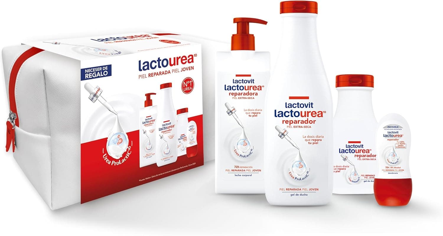 Lactovit - Conjunto de presente Lactourea | Neceser com leite corporal reparador, gel de duche reparador e desodorizante reparador com ureia e 0% álcool | Adequado para peles secas e extra secas